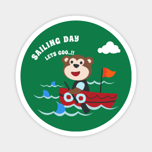 Funny monkey sailor cartoon vector on little boat with cartoon style. Magnet